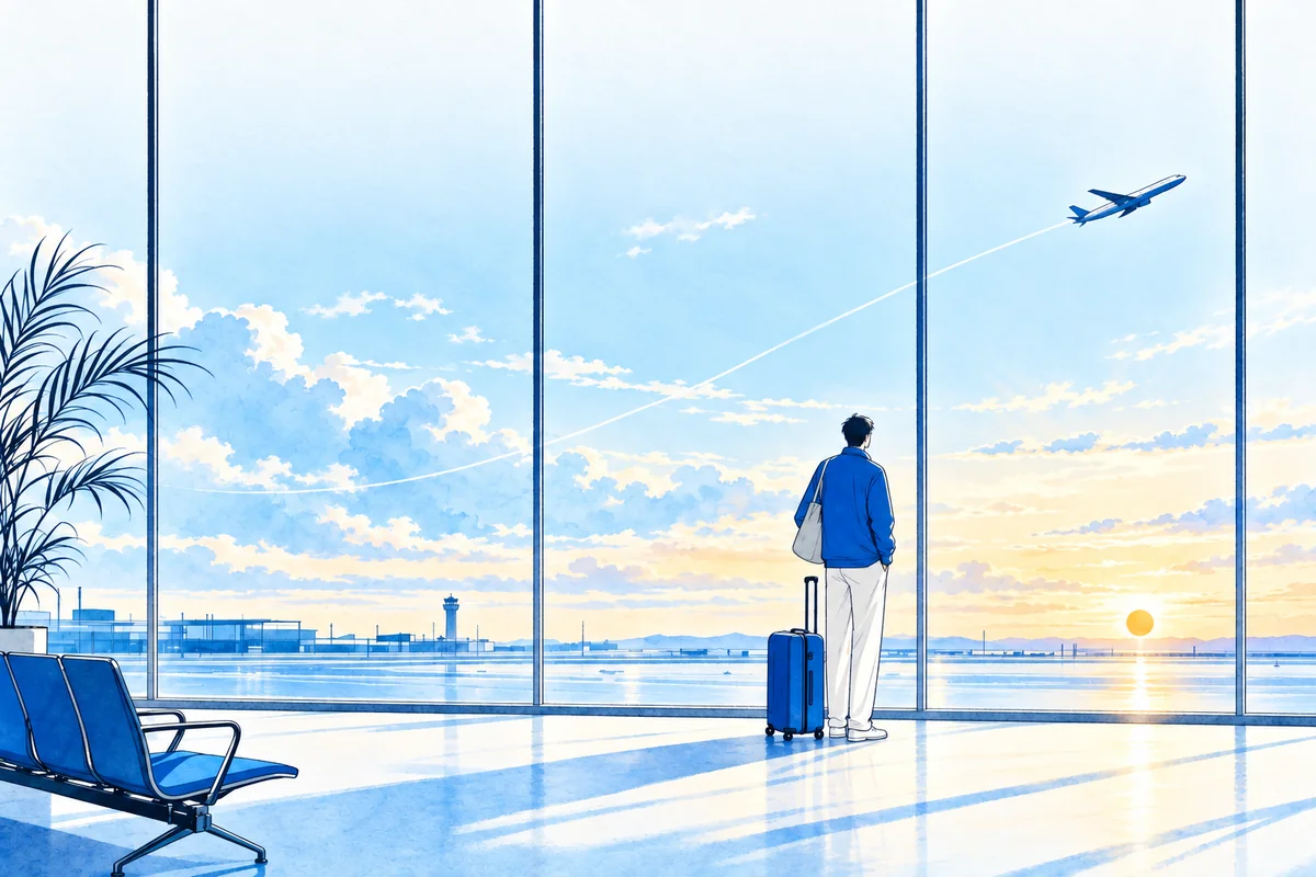 Illustration: a traveller with a suitcase at a vast airport window at dawn, watching a plane lift off along a single fine arc